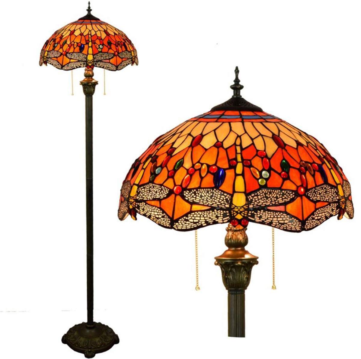 Vintage Tiffany Style Floor Lamp - Stained Glass Red Dragonfly Design, 2-Light with Pull Chain, 63