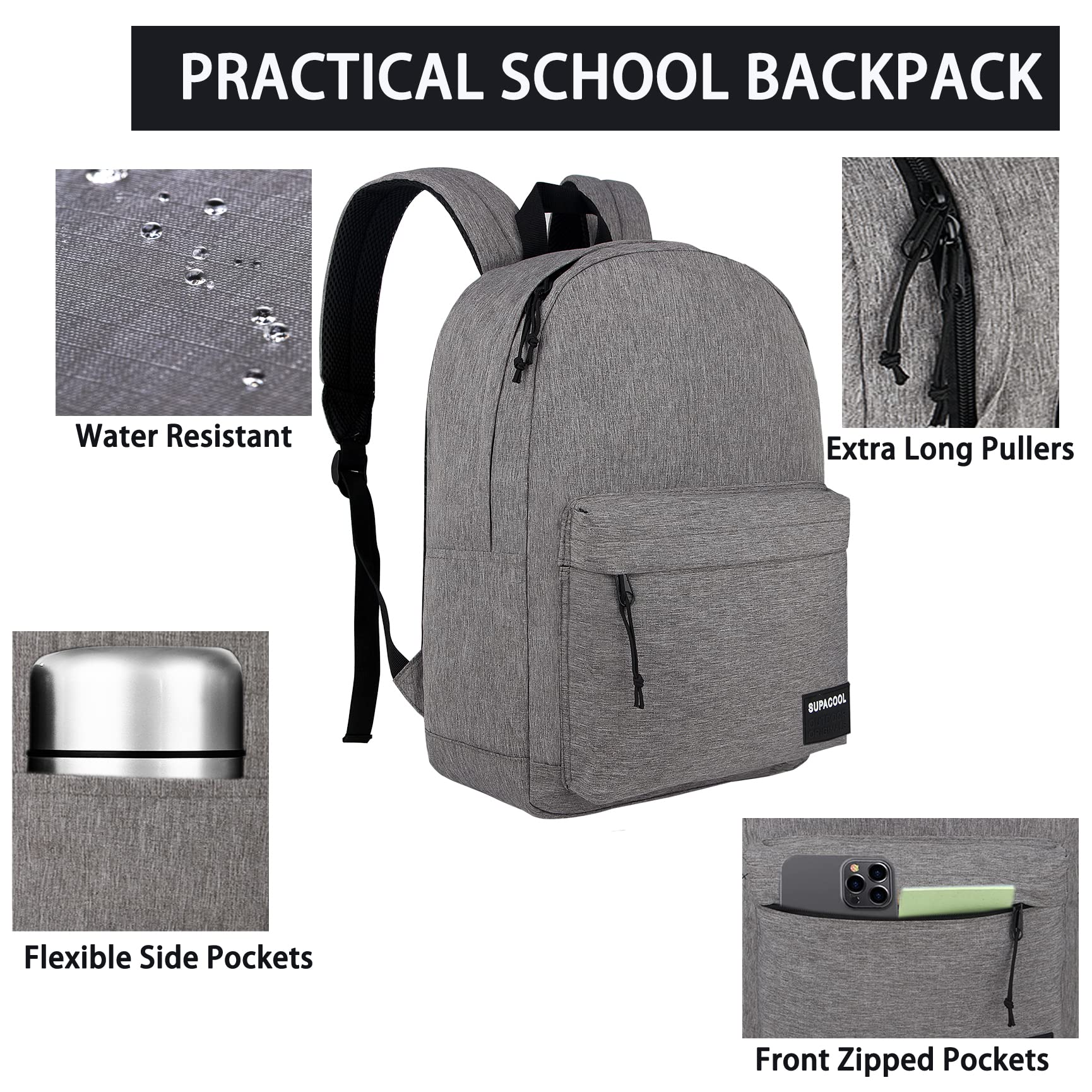 SUPACOOL Lightweight Laptop Backpack with USB Charging Port - Water-Resistant College Backpack for Men & Women (Light Grey) - Perfect for Work, School & Travel