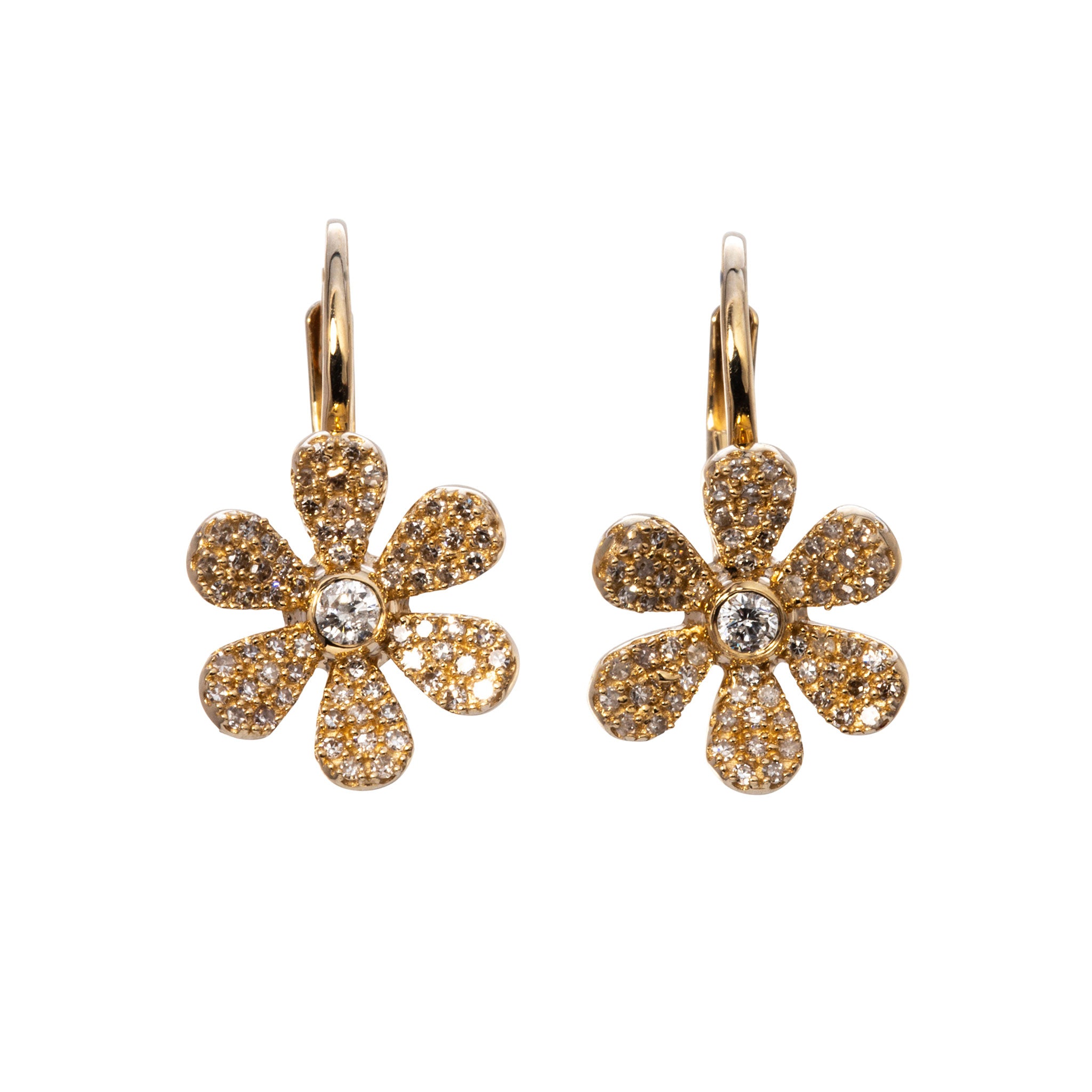 14K Yellow Gold Diamond Pavé Flower Leverback Earrings - Elegant Dangle Earrings for Women, Perfect for Weddings, Parties & Special Occasions