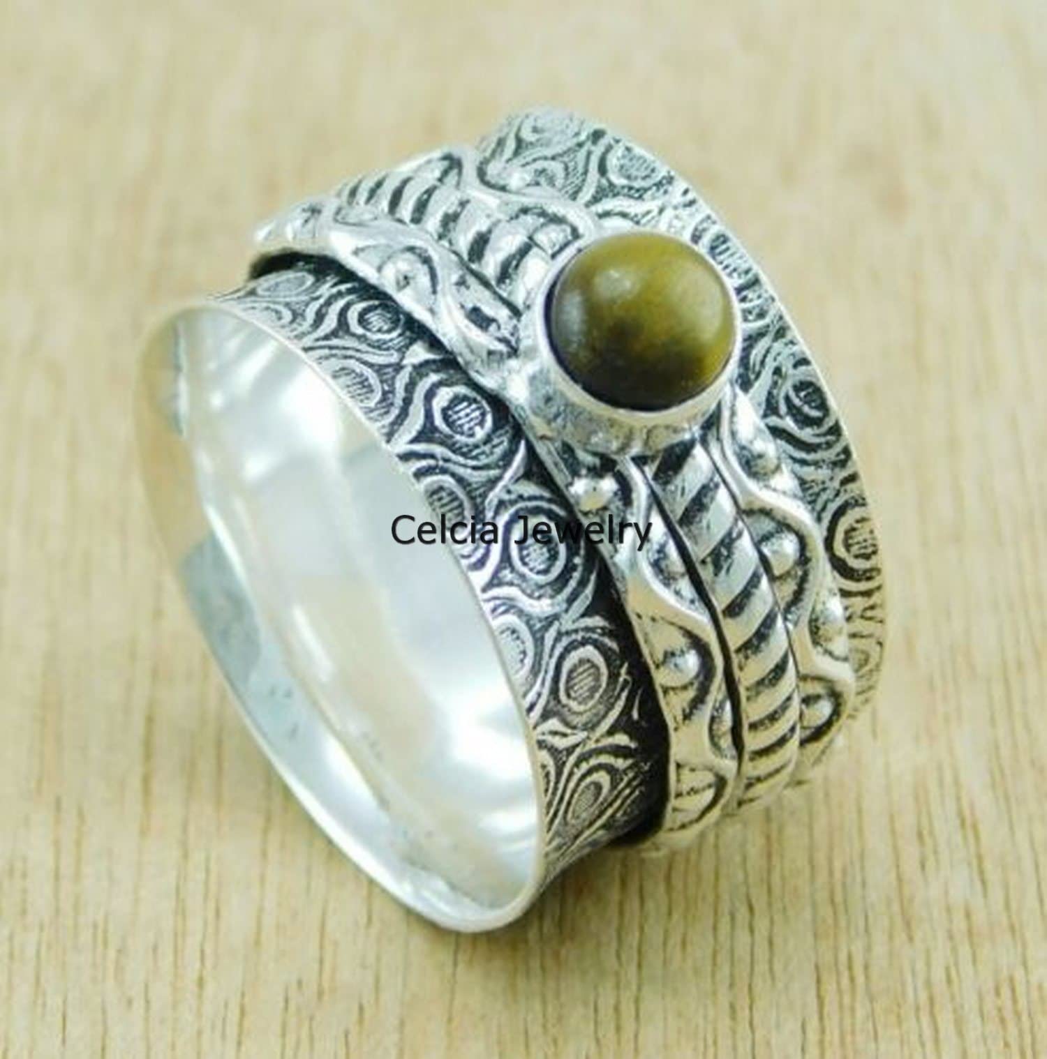 Tiger Eye Gemstone Spinner Ring - 925 Sterling Silver Unisex Handmade Jewelry for Meditation & Stress Relief - Fidget Spinner Ring for Anxiety, Focus & Relaxation - Unique Gift for Men & Women (Size 7) - Perfect for Office, Travel & Daily Wear