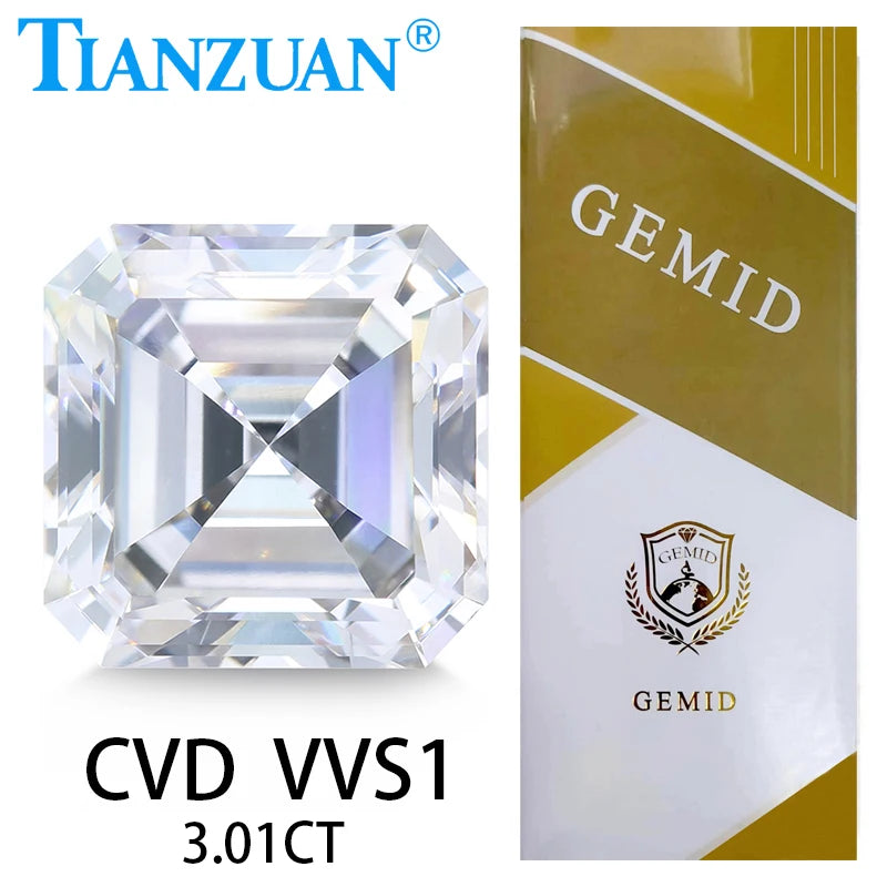 Asscher Cut Lab Grown Diamond CVD - F/H Color VVS1 Clarity, 2EX Cut, GEMID Certified Loose Gemstone Bead for Engagement Rings & Fine Jewelry Making