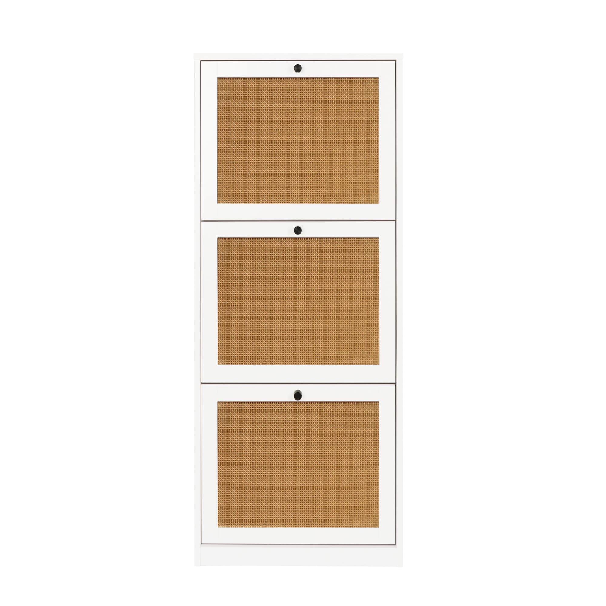 Anmytek 3-Tier Rattan Shoe Storage Cabinet with Flip Drawers - White Entryway Organizer for Hallway, Living Room & Bedroom | Wooden Shoe Rack with 3 Compartments | Perfect for Small Spaces & Home Decor (Model S0003)