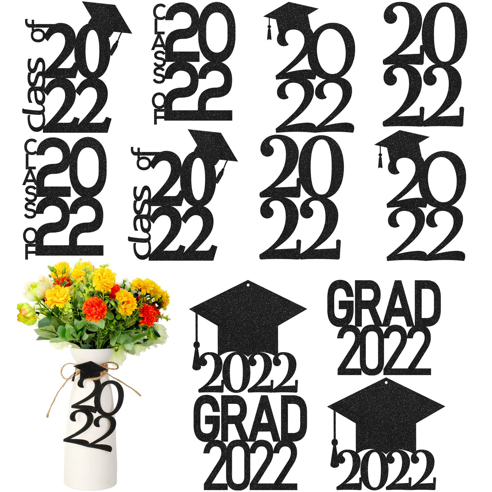42-Piece Graduation Party Decorations Set - Glitter Grad Cutouts, Centerpiece Tags & 10-Yard Burlap Rope - 6 Black Styles for 2022 Graduation, Birthday & Holiday Celebrations - Perfect for Party Favors, Table Decor & Photo Backdrops