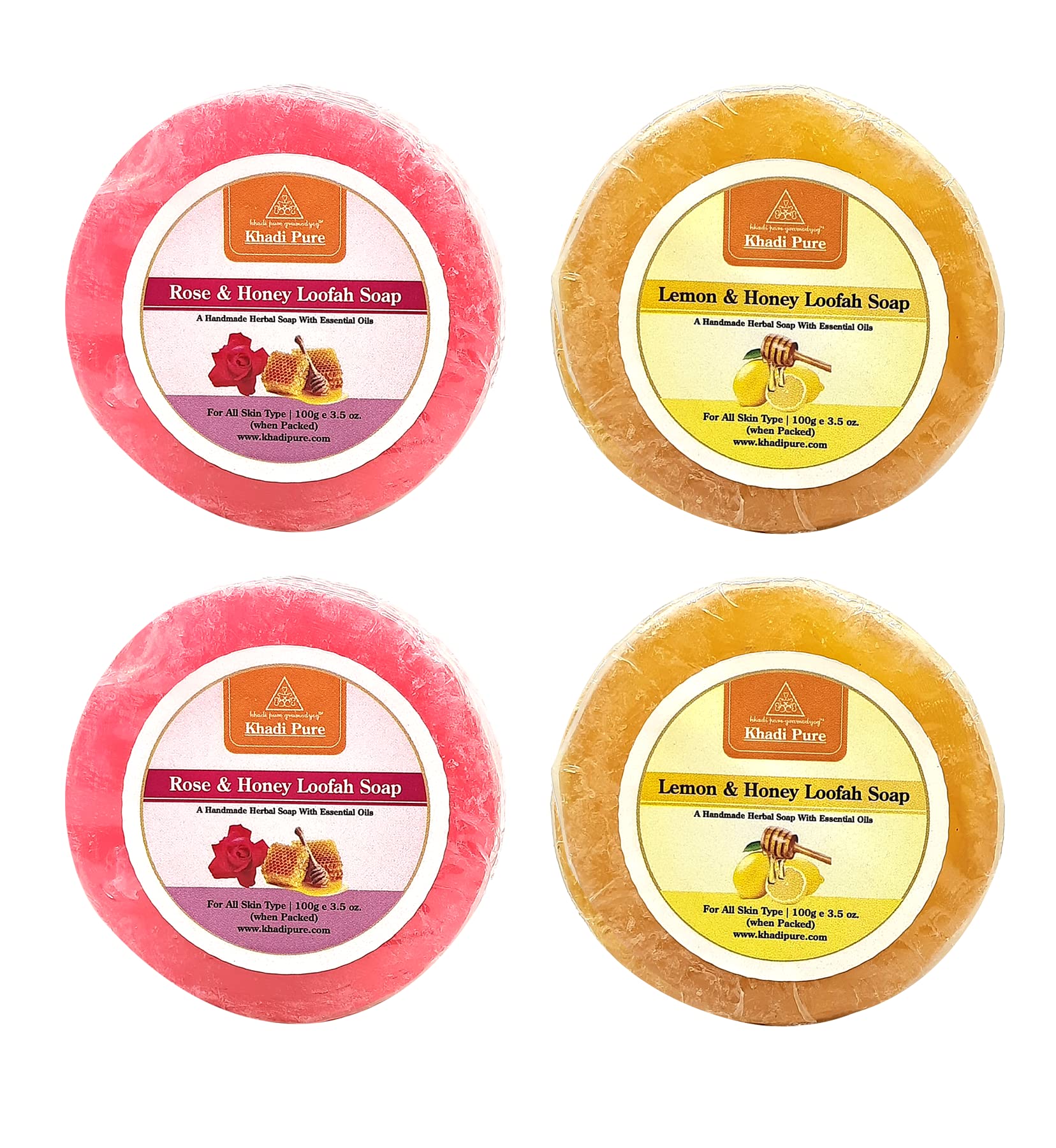 Khadi Pure Lemon Honey & Rose Honey Loofah Soap - 100g (Pack of 4) | Natural Exfoliating & Moisturizing Bar Soap for Glowing Skin | Perfect for Daily Shower, Spa & Gift Sets