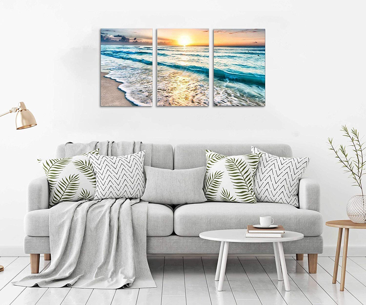TutuBeer 3 Panel Canvas Wall Art - Blue Sea Sunset White Beach Painting, Seascape Print on Canvas for Living Room & Bedroom Decor - Ready to Hang - Perfect for Coastal, Beach House & Nautical Theme Home Decoration