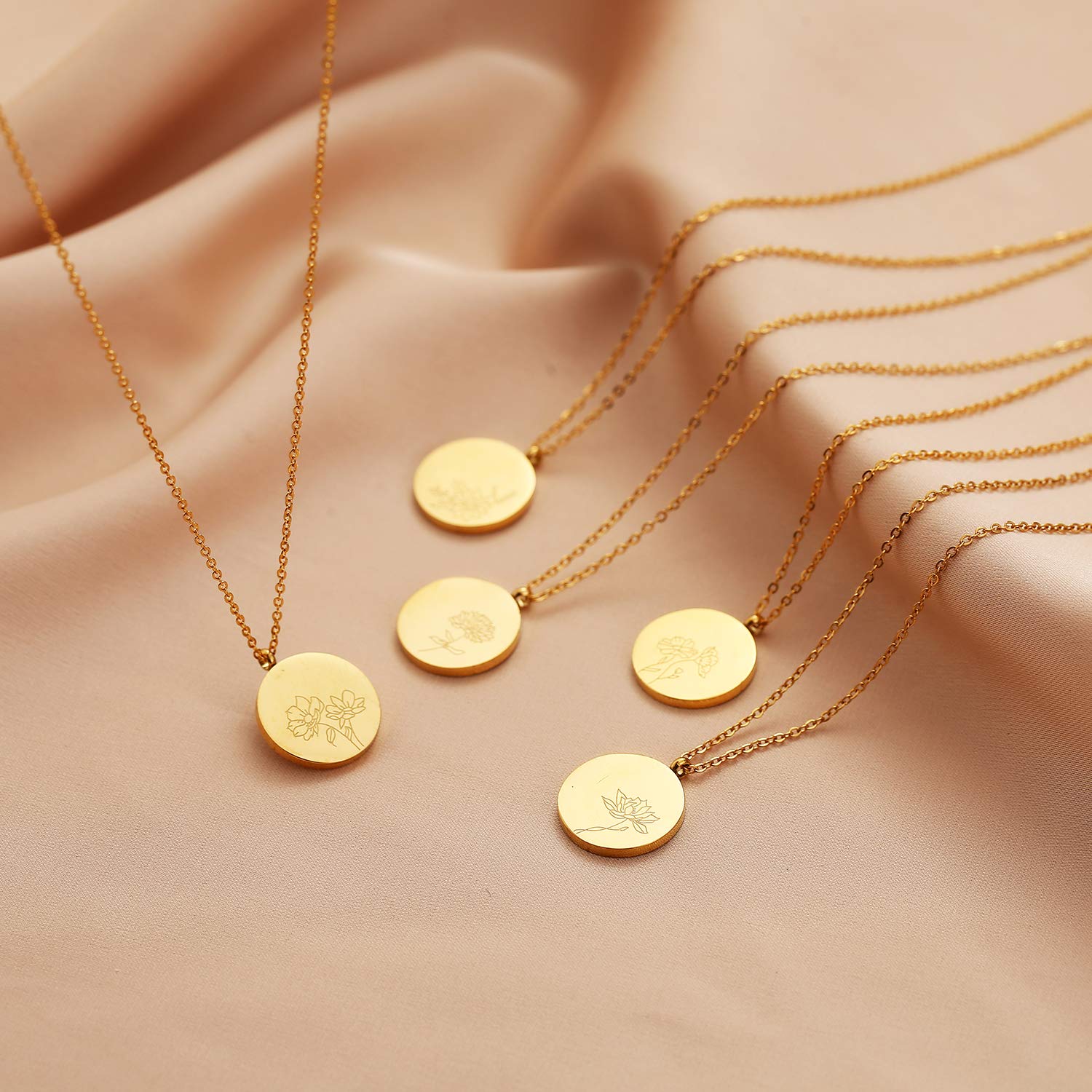 Birth Month Flower Necklace for Women - Dainty Gold Coin Pendant with Engraved Floral Design - Stainless Steel Jewelry Gift for Her - Perfect for Birthdays, Anniversaries & Special Occasions