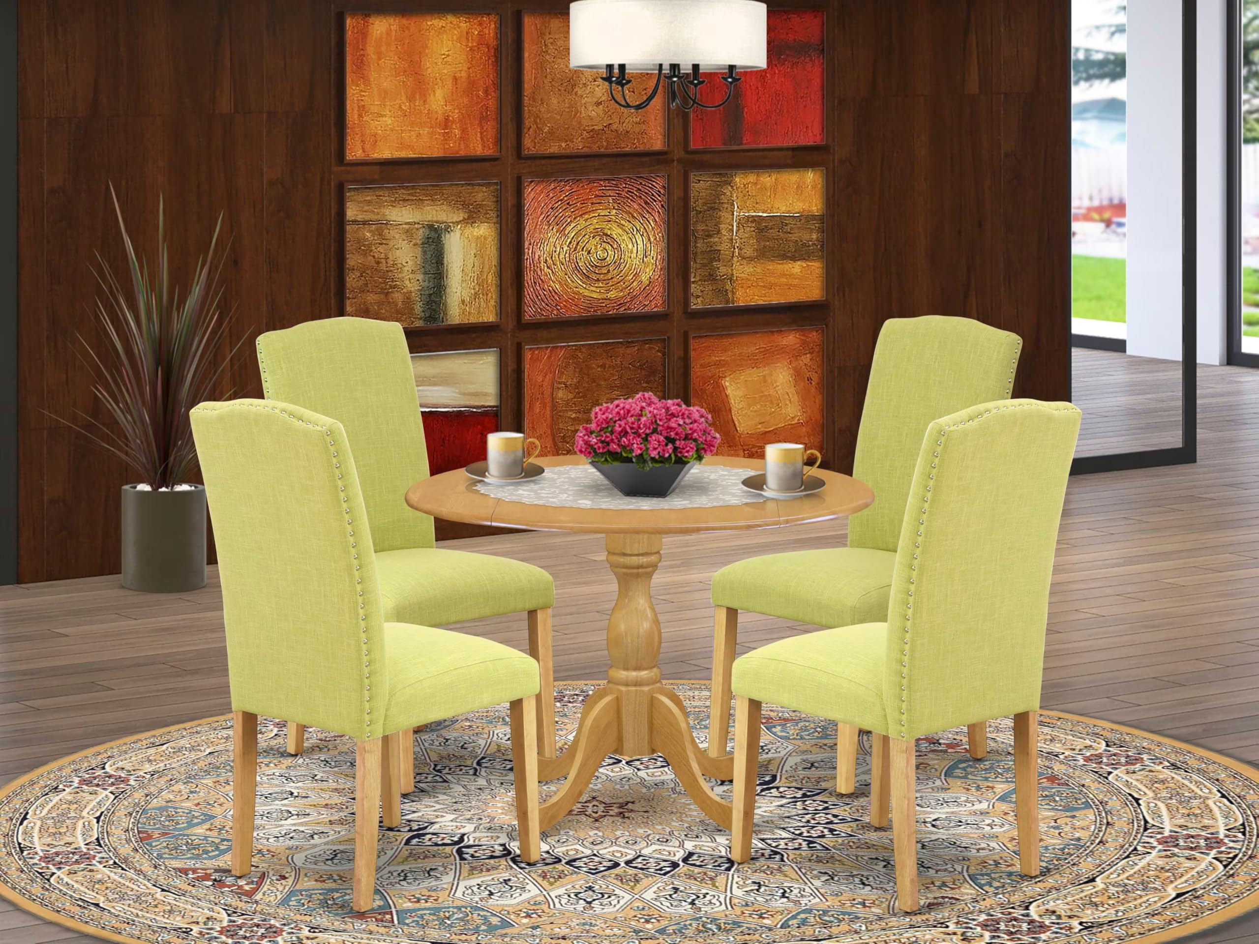 East West Furniture 5-Piece Oak Dining Room Set with Round Drop-Leaf Table & 4 Upholstered Chairs – 42x42 Inch – Perfect for Small Spaces & Family Gatherings