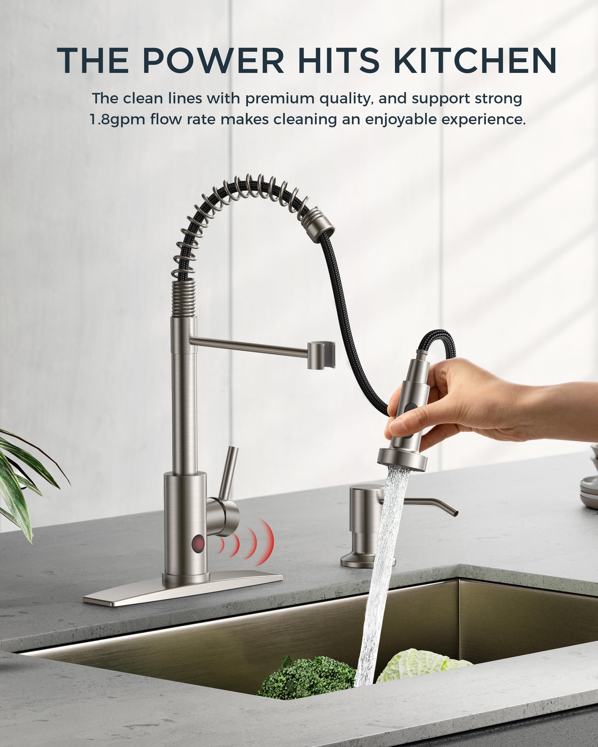 FORIOUS Touchless Kitchen Faucet Brushed Nickel - Smart Motion Sensor Hands-Free Faucet with Pull Down Sprayer | Commercial & Home Use for Farmhouse, RV, Camper, Laundry Room (Easy Installation & Water Saving)