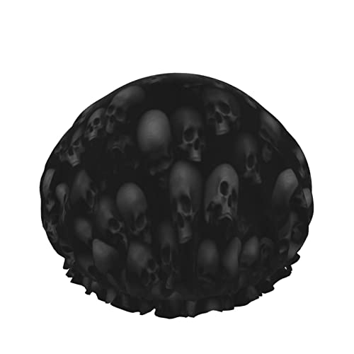 Luxury Waterproof Shower Cap for Women - Reusable & Fashionable Hair Cover for Long Hair, Black Skull Design - Perfect for Bathing, Swimming & Salon Use