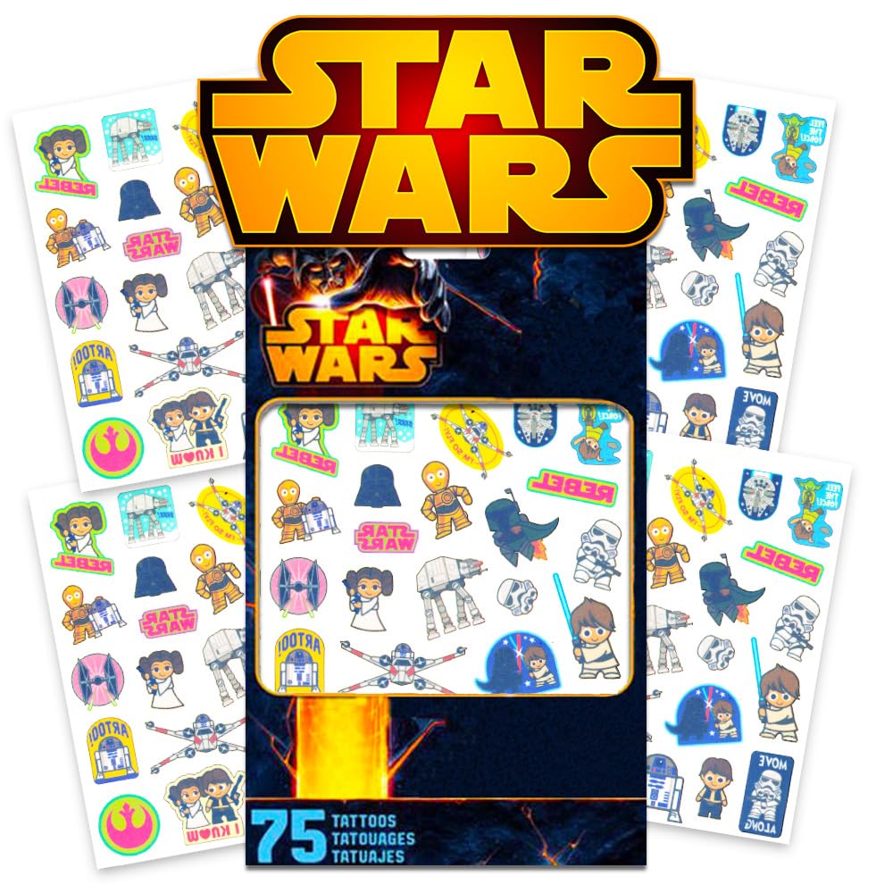 Star Wars Temporary Tattoos Set of 75 - Waterproof Fake Tattoos for Kids & Adults - Perfect for Halloween, Cosplay, Parties & Costume Events