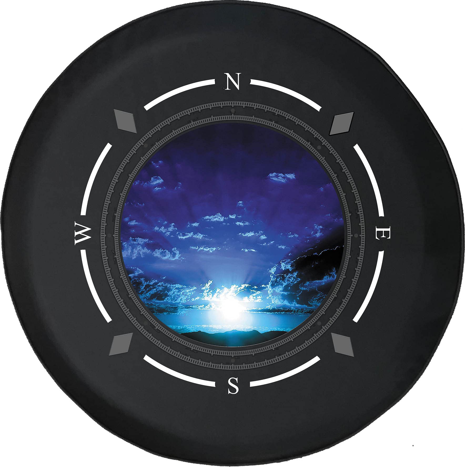 American Unlimited Spare Tire Cover with Compass Design - Blue Sky Clouds Sunrise Sunset Beaming Light Wheel Cover for SUV, Trailer, RV Accessories | Fits Most Vehicles | Perfect for Road Trips & Outdoor Adventures