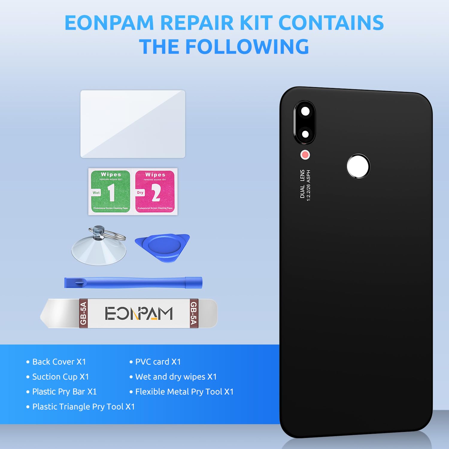 Original Huawei P20 Lite Back Glass Replacement - Genuine Rear Housing with Camera Lens & Repair Tool Kit - Blue - Perfect for DIY Phone Repair & Screen Replacement Projects