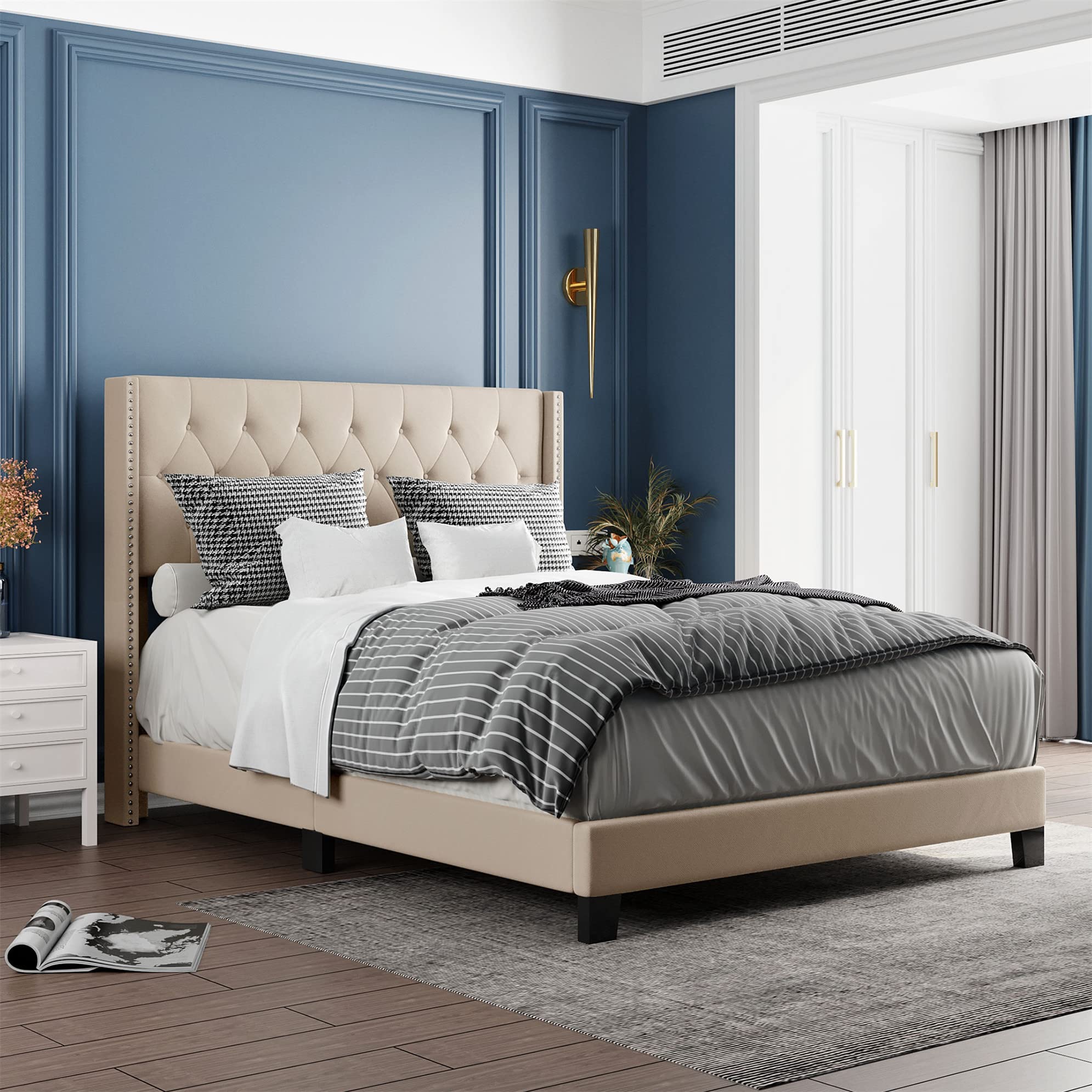 Queen Size Upholstered Platform Bed with Headboard - No Box Spring Needed - Beige Linen Fabric - Modern Bedroom Furniture for Master Bedroom & Guest Room