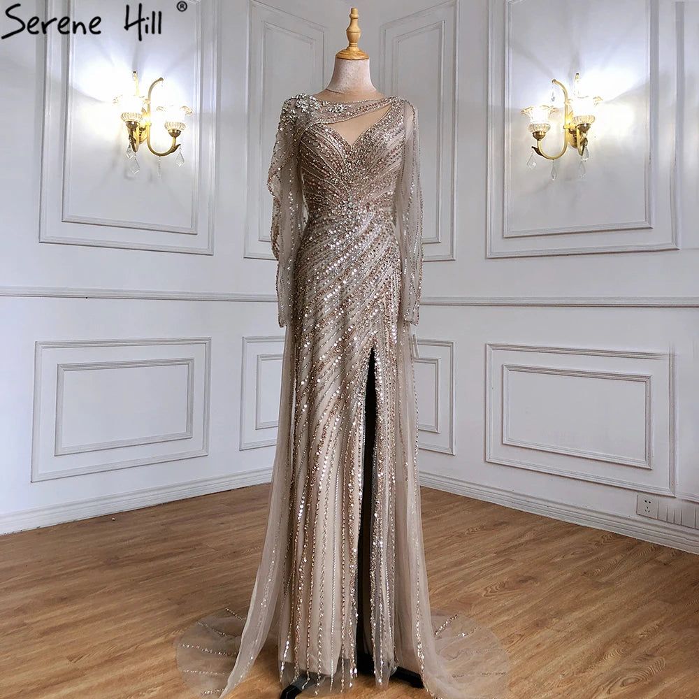 Luxury Dubai Brown Mermaid Evening Dress with Beaded Elegant High Slit - Formal Gown for Prom, Wedding & Red Carpet Events - LA70301L