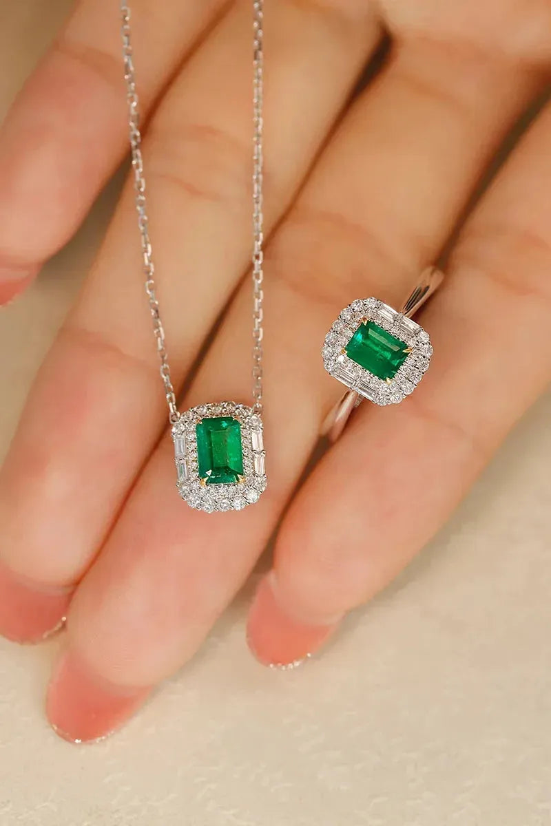18K White & Yellow Gold Necklace with Real Diamond & Natural Emerald Gemstone - Classic Wedding Jewelry Set for Women | Elegant Bridal Gift, Anniversary Present, Valentine's Day Jewelry