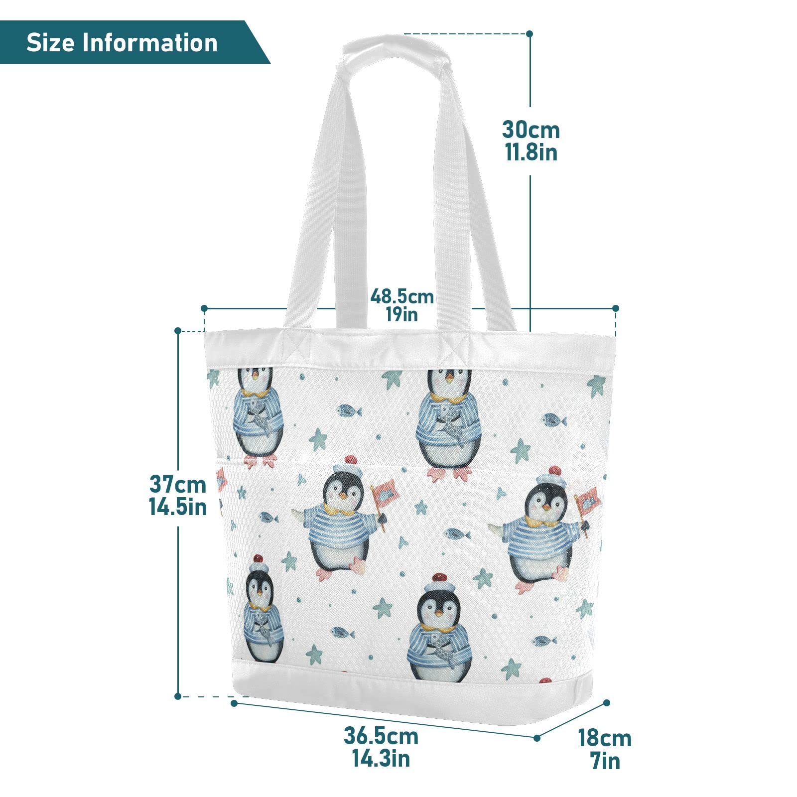 J JOYSAY Large Waterproof Mesh Beach Tote Bag - Sandproof Women's Shoulder Bag for Travel, Swimming, Picnic & Overnight Trips - Cute Penguin Design Beach Essentials for Summer Vacation
