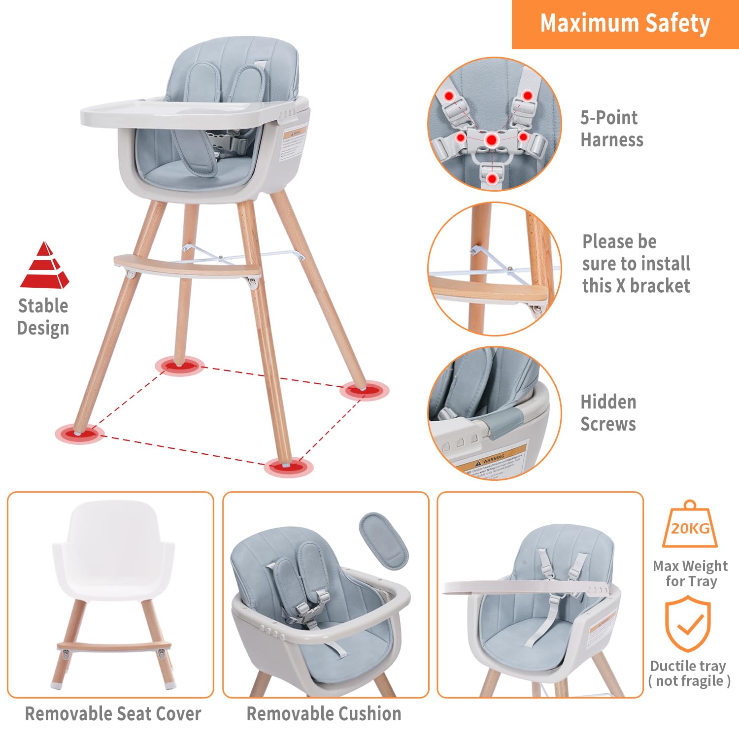 3-in-1 Convertible Wooden High Chair for Babies & Toddlers | Adjustable Height & Dishwasher Safe Tray | Premium Hardwood & Leatherette Construction | Blue | Perfect for Dining, Feeding & Learning Playtime