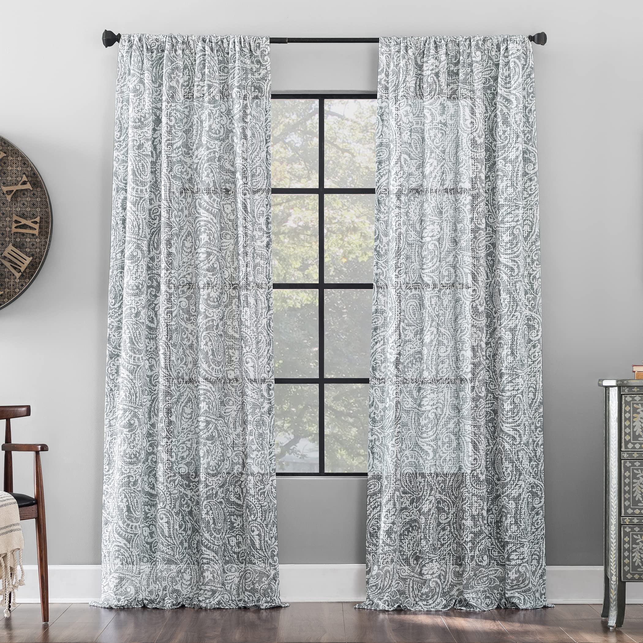 Archaeo Paisley Waffle Weave Cotton Blend Rod Pocket Curtains 50x84 Inches - Gray Window Drapes for Living Room, Bedroom & Office