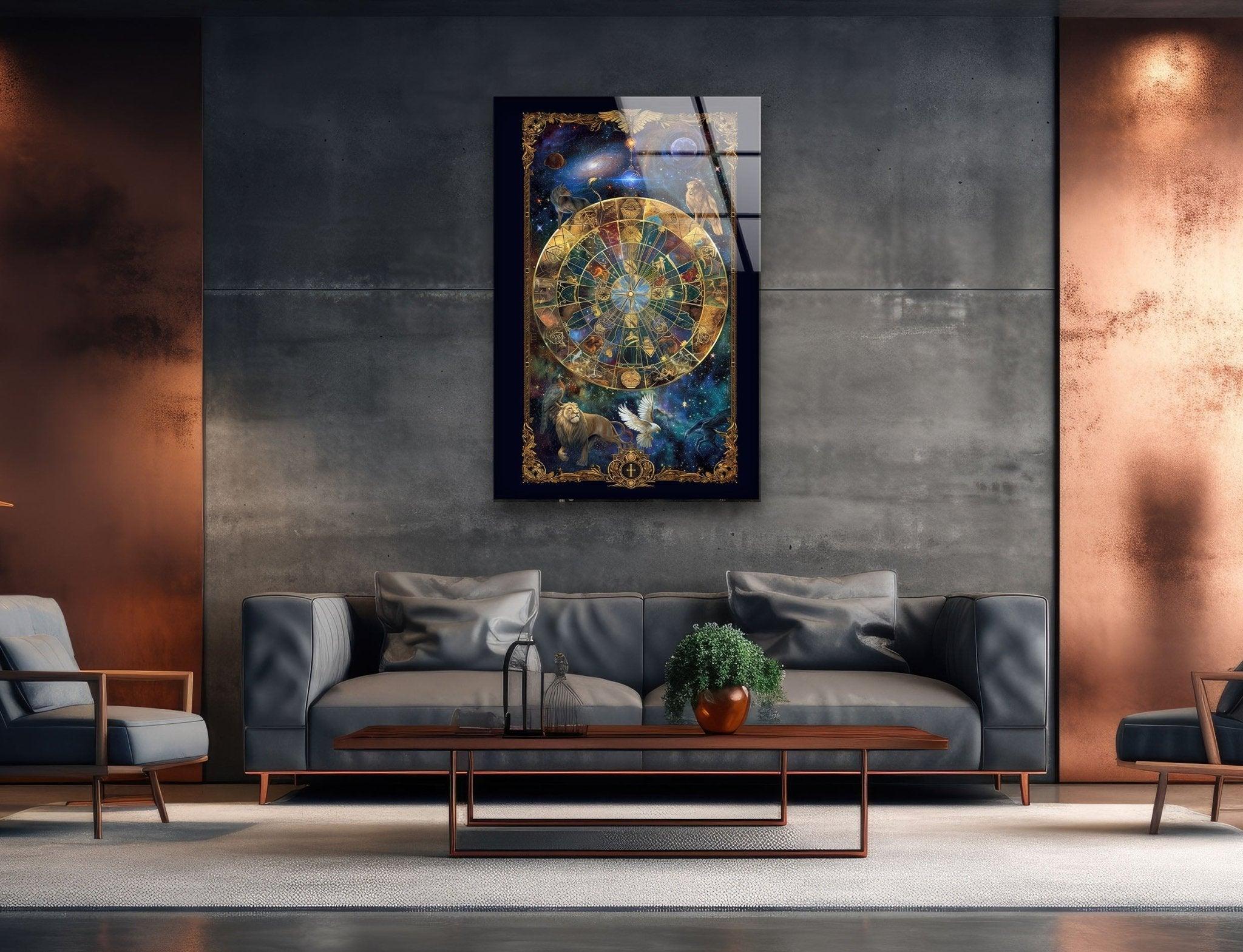 Celestial Astrology Glass Wall Art Decor - Handmade Zodiac Sign Mural for Home, Office & Meditation Room - Perfect for Spiritual Spaces & Gift Giving
