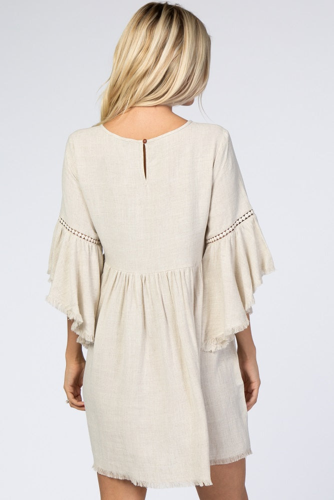 Beige Raw Edge Bell Sleeve Babydoll Dress for Women - Boho Chic Lace Trim Mini Dress - Perfect for Summer, Beach, Music Festivals & Date Nights