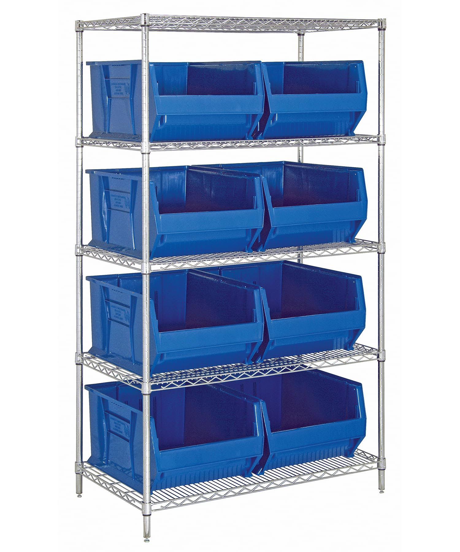 Quantum Storage Systems WR5-955BL 5-Tier Heavy Duty Wire Shelving Unit with 8 Blue Hulk Bins - Chrome Finish, 24