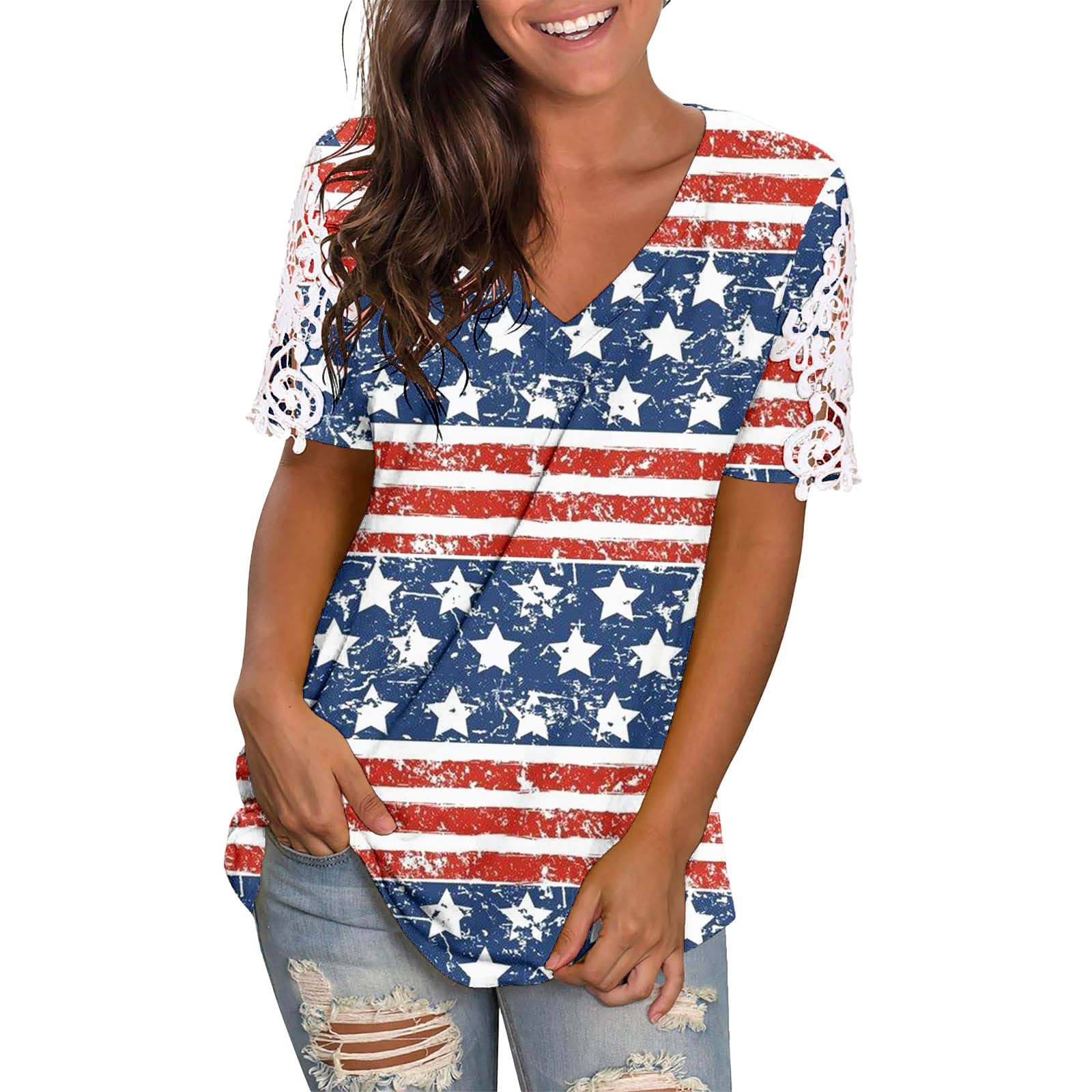 Women's 4th of July Lace Short Sleeve V-Neck T-Shirt - Summer Casual Lace Tee Top for BBQ, Beach & Patriotic Celebrations