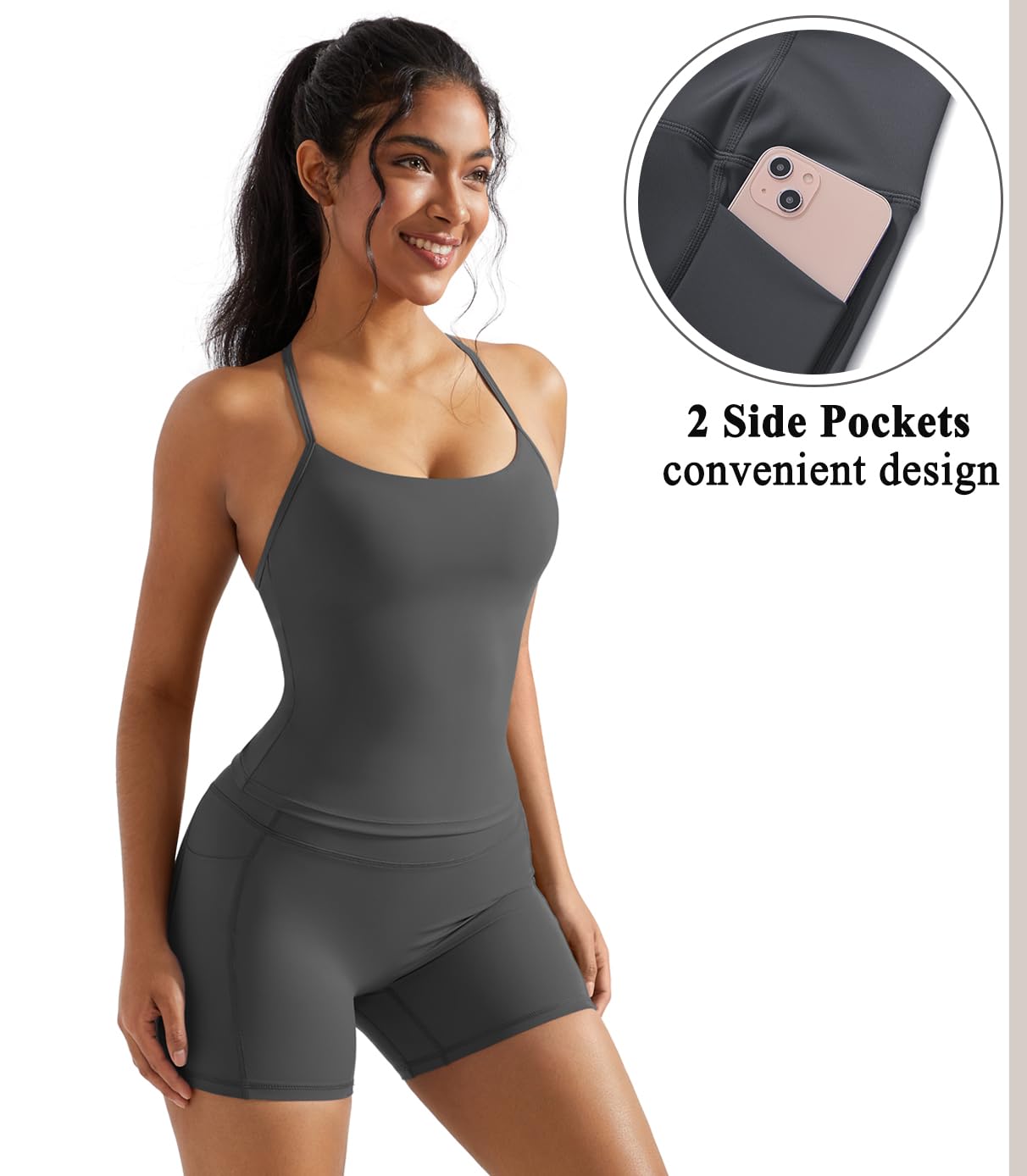 OMKAGI Women's 2-Piece Workout Set - Padded Sports Bra & High-Waisted Gym Shorts with Pockets | Yoga, Running, Fitness & Lounge Wear