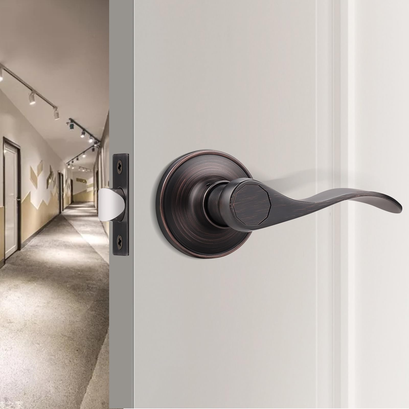 5 Pack Non-Locking Passage Door Lever Set - Oil Rubbed Bronze Wave Design for Hallways & Closets - Reversible Right/Left Handed Keyless Entry - Perfect for Bedrooms, Bathrooms & Interior Doors