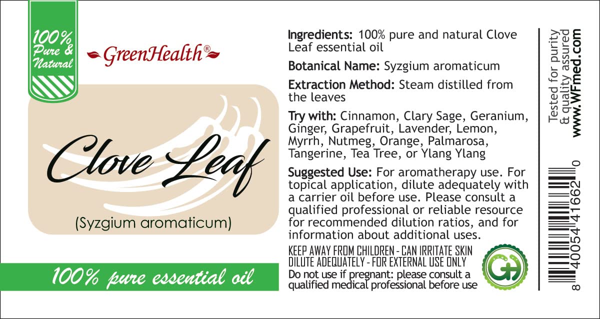 100% Pure Clove Leaf Essential Oil - 4 fl oz (118ml) Glass Bottle with Cap - Aromatherapy, Massage & DIY Skincare - GreenHealth