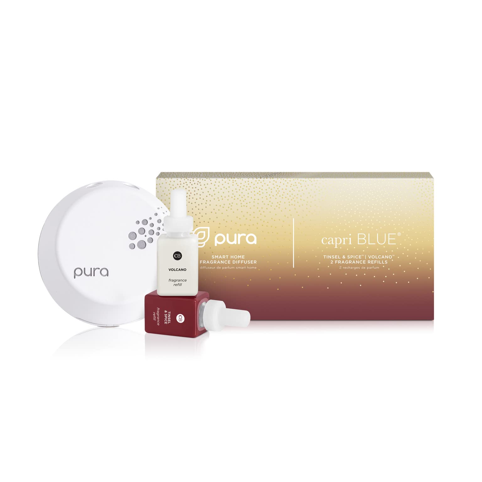 Capri Blue Tinsel & Spice Pura Smart Home Fragrance Diffuser Kit - Includes 1 V3 Aromatherapy Diffuser + Volcano Scent Refill | Long-Lasting Essential Oil Plug-in for Bedroom, Living Room & Office