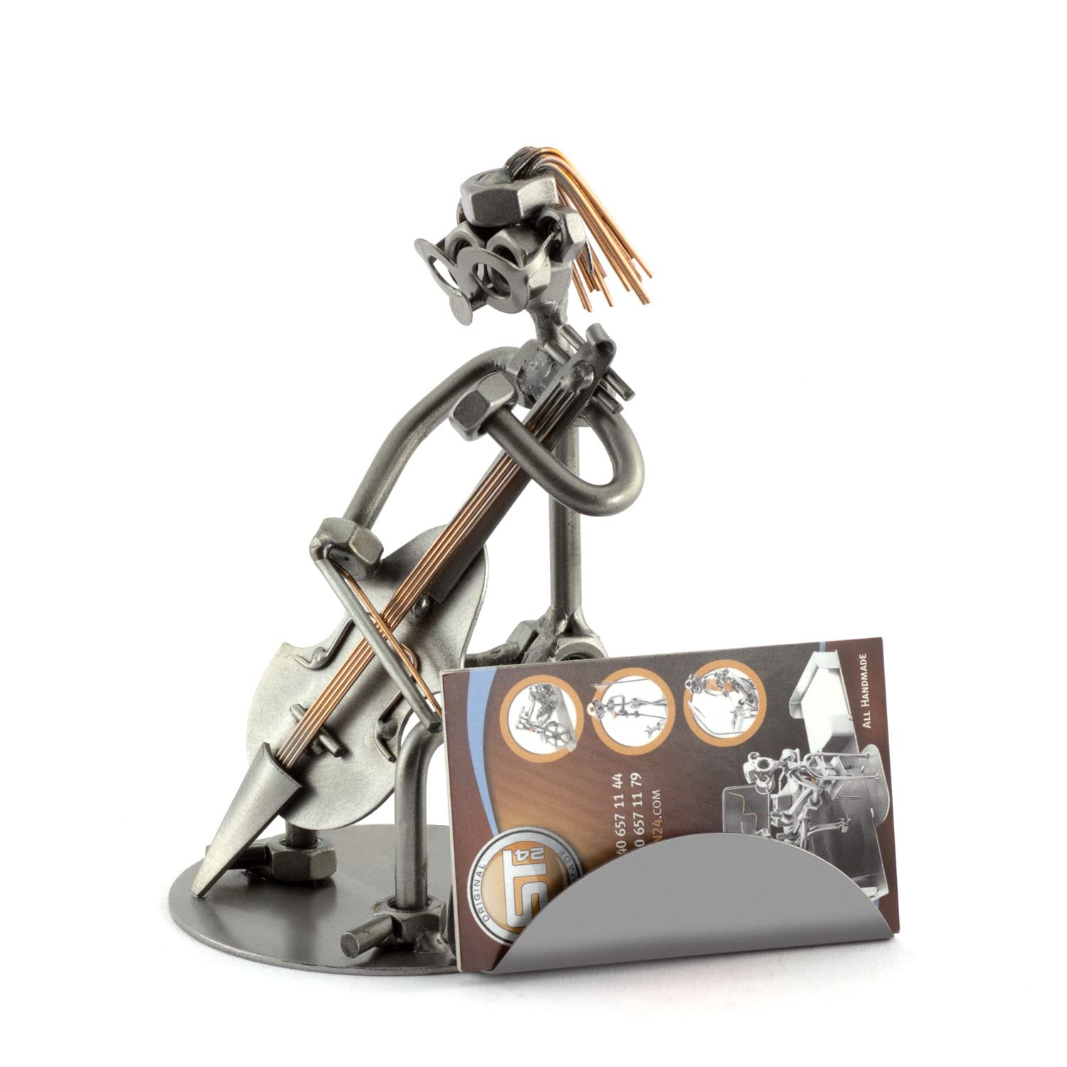 Handmade Metal Nuts and Bolts Figurine - Personalized Engraved Cello Sculpture with Business Card Holder | Unique German-Made Office Desk Decor & Gift for Musicians
