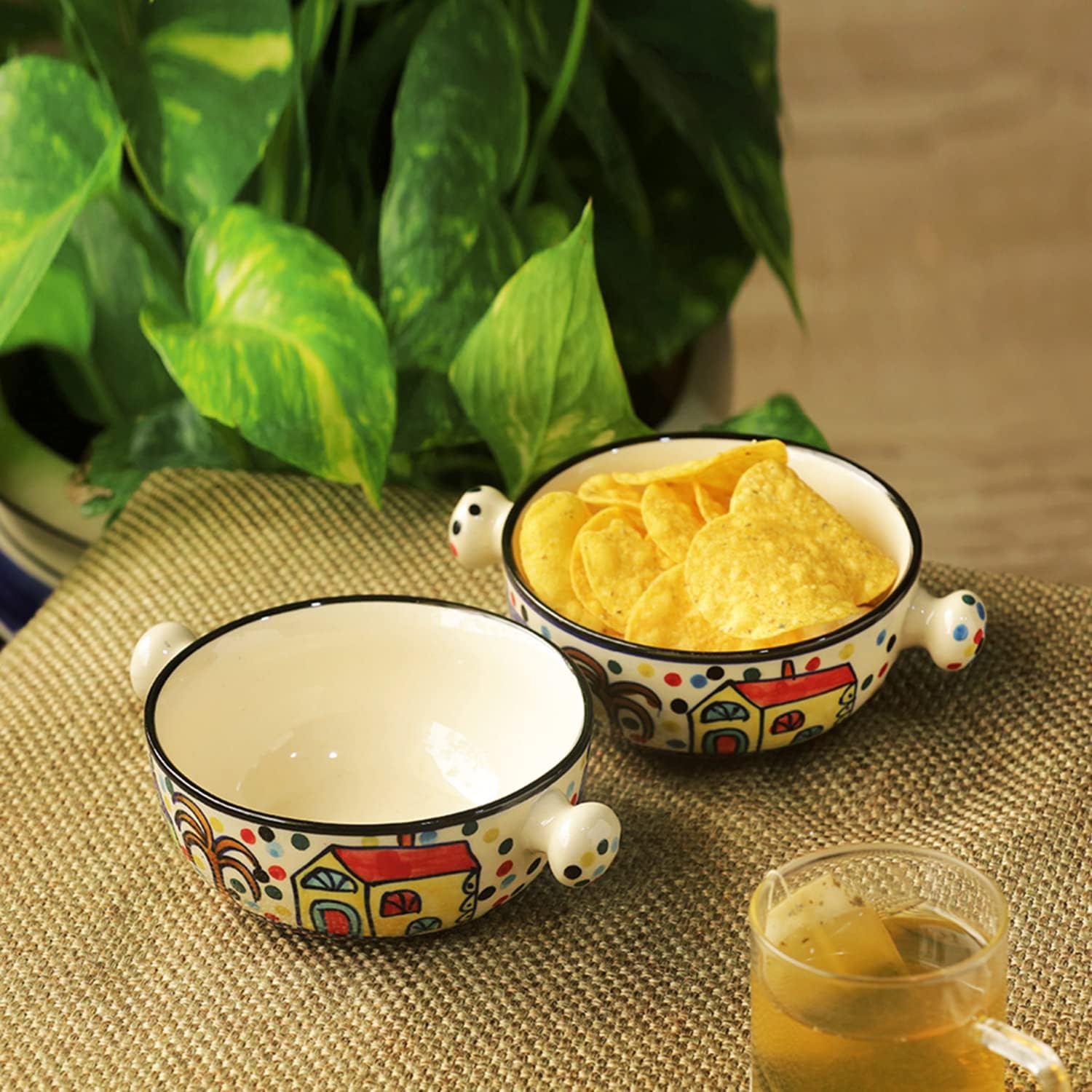 ExclusiveLane Ceramic Serving Bowls Set - 2 Piece 260ml Microwave Safe Handled Bowls for Snacks, Soup, Salad & Desserts | Colorful Kitchen & Dining Tableware for Home, Parties & Gifting