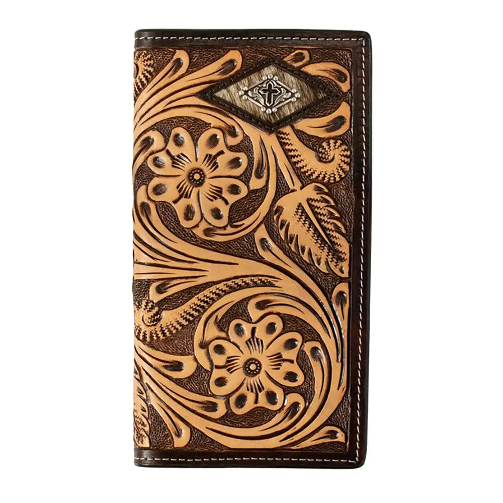 3D Tooled Floral Diamond Cross Concho Men's Rodeo Wallet - Genuine Leather Bifold Wallet for Cowboy & Western Enthusiasts - Perfect for Rodeo, Ranch Work & Country Lifestyle