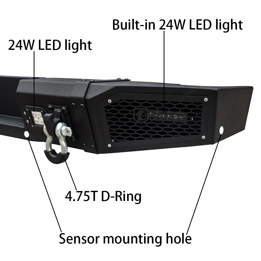 Black Textured Rear Bumper with 4 LED Lights & 2 D-Rings for 2010-2018 Dodge RAM 2500/3500 Trucks - Heavy Duty Protection & Off-Road Towing Accessory