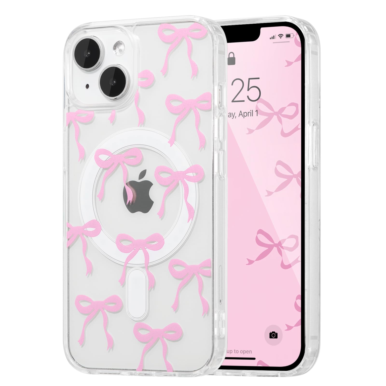 UEEBAI Magnetic Clear iPhone 14 Case & iPhone 13 Case - Slim Anti-Yellowing Shockproof Phone Cover with Bow Design | Compatible with MagSafe Wireless Charging | Perfect Protective Case for Women & Girls (Pink) | Great for Everyday Use, Work, School & Travel