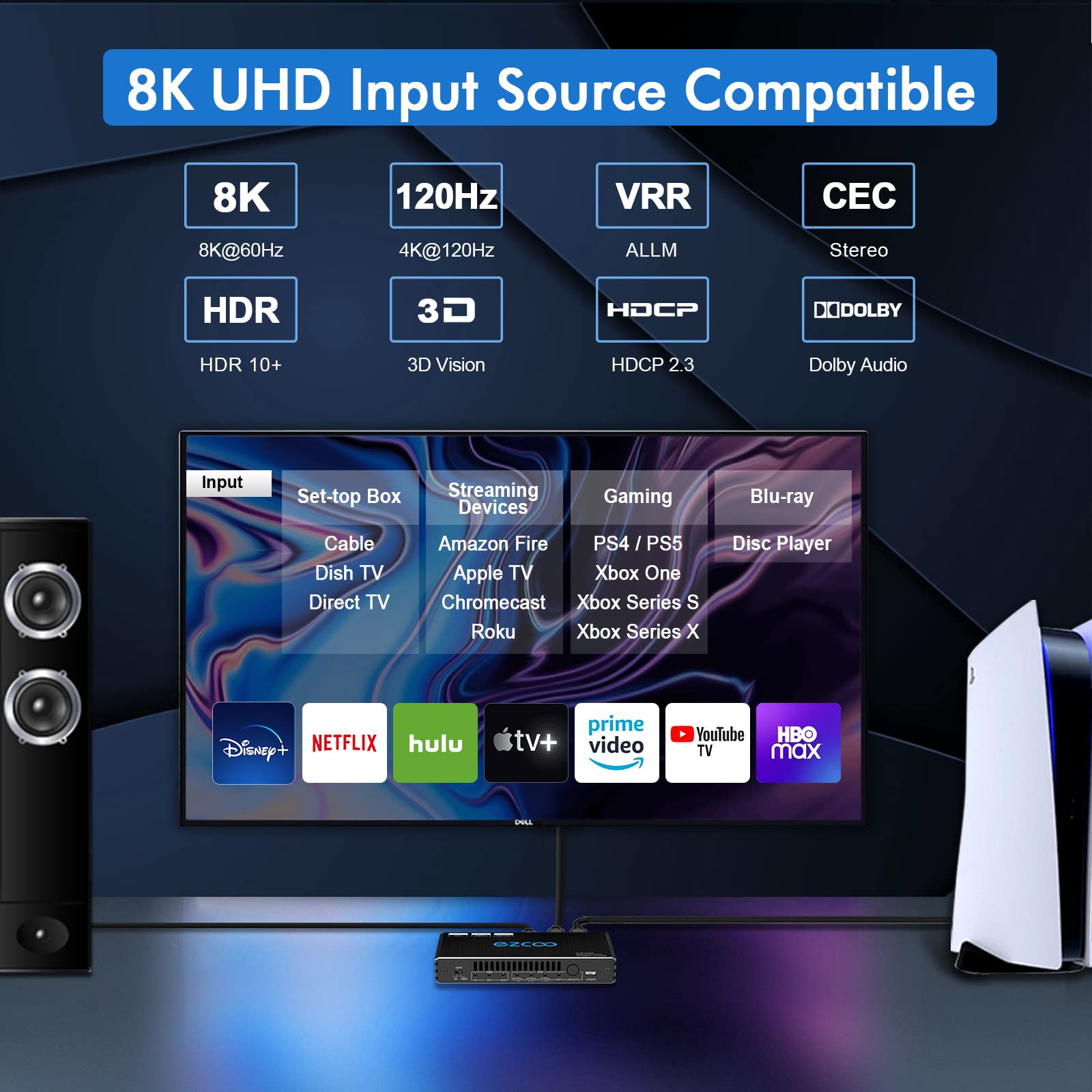 Premium HDMI Splitter 1x2 - 8K 60Hz & 4K 120Hz HDR with VRR, G-Sync, CEC, EDID - HDCP 2.3 Bypass - 4K to 1080P Downscaler - Perfect for Gaming PC, Xbox Series X/S, PS5, Roku & Fire TV - Home Theater & Multi-Screen Setup Solution