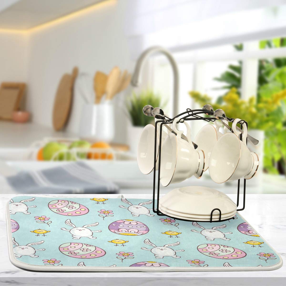 Easter Egg Dish Drying Mat - Rabbit Design Microfiber Kitchen Mat, Super Absorbent & Reversible, 18x24 Inch - Perfect for Easter Decor, Kitchen Countertop & Drying Dishes