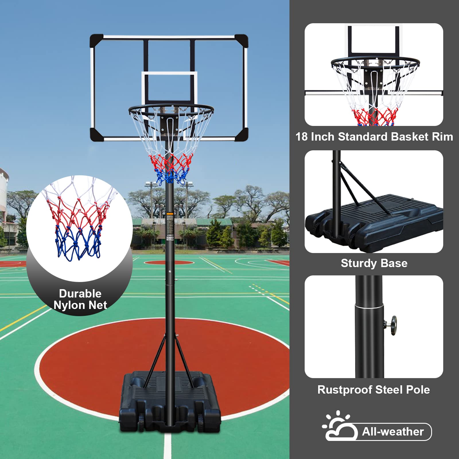 Adjustable Portable Basketball Hoop Stand for Youth & Teens - 6.2ft to 9.2ft Height Range with Transparent Backboard & Wheels - Indoor Outdoor Basketball Goal System for Driveway, Backyard, Gym & Playground