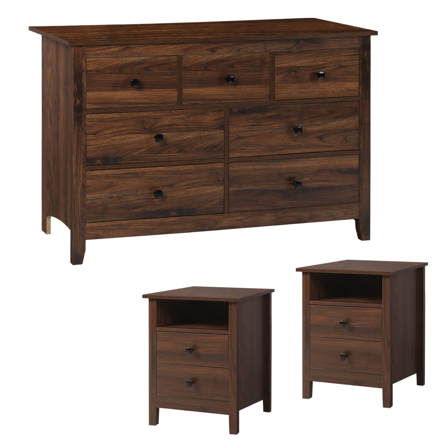 LTMEUTY 3-Piece Wooden Bedroom Set - 7-Drawer Dresser & Nightstands, Brown Wood Grain Finish for Master Bedroom or Guest Room Furniture
