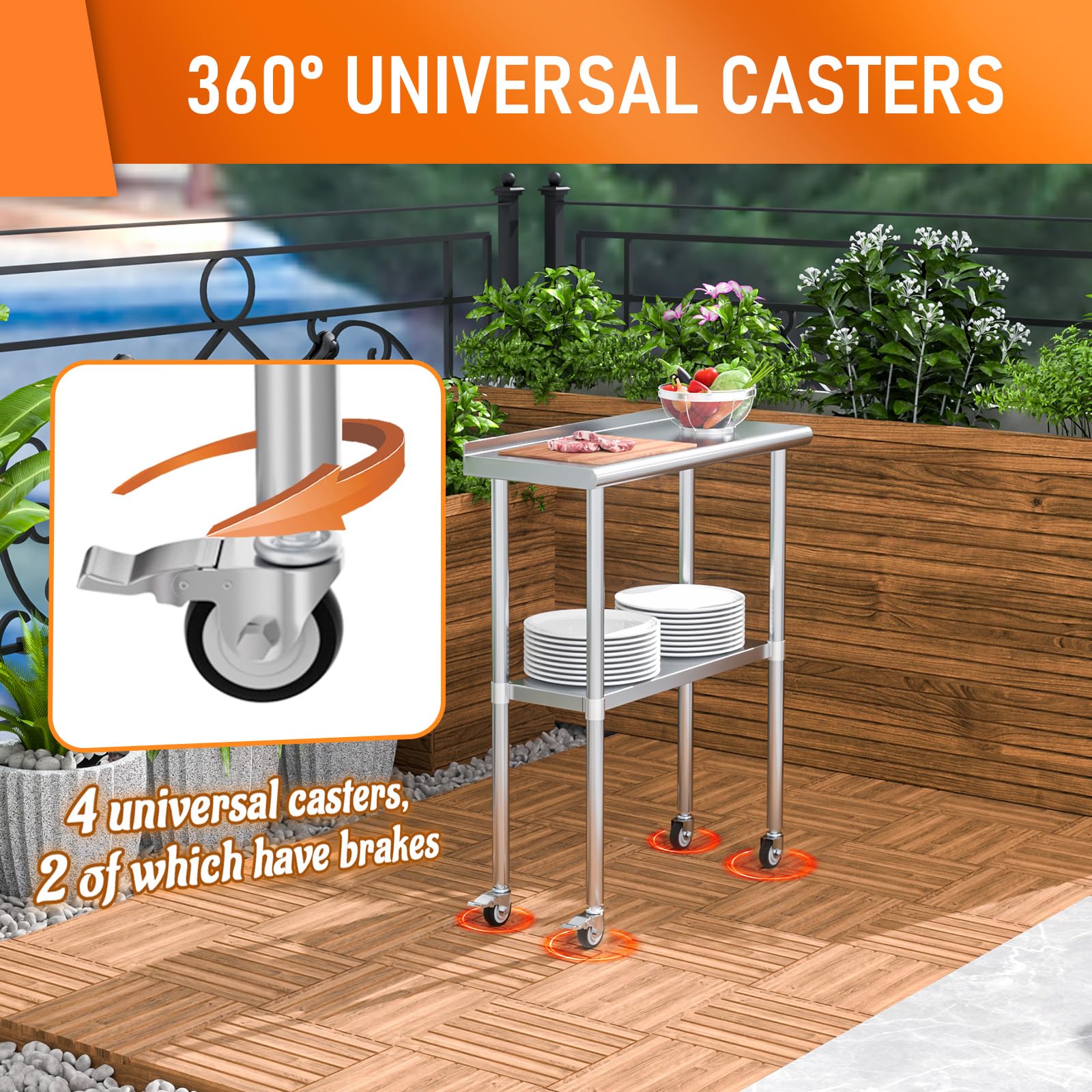 Stainless Steel Prep & Work Table with Adjustable Shelf, Backsplash & Wheels - 14