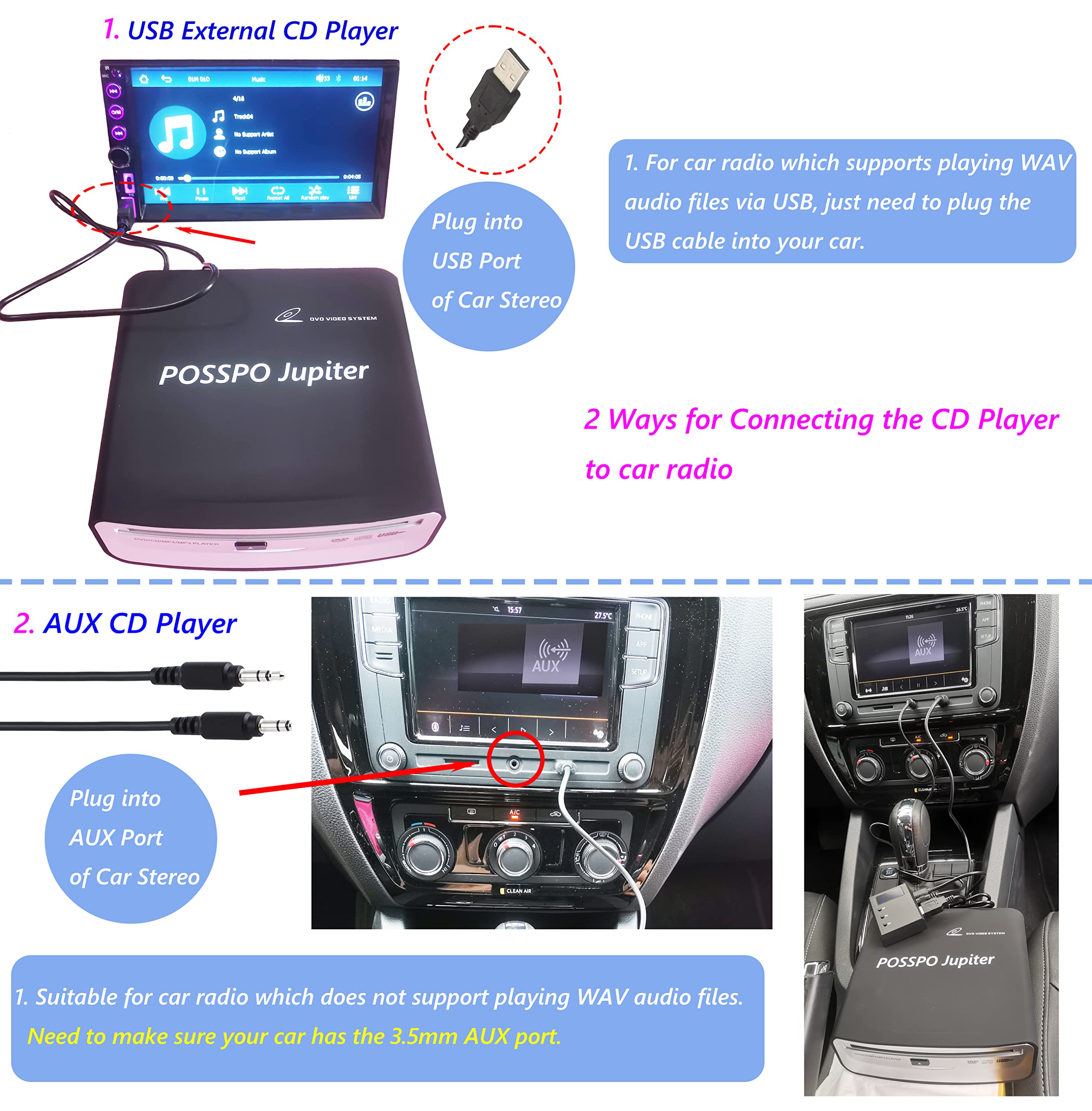 Portable CD DVD Player for Car with USB & AUX Port - External Disc Drive Compatible with Laptop, Desktop, TV & Computer - Plug & Play with Extra USB Extension Cable - Perfect for Road Trips, Home Entertainment & Office Use