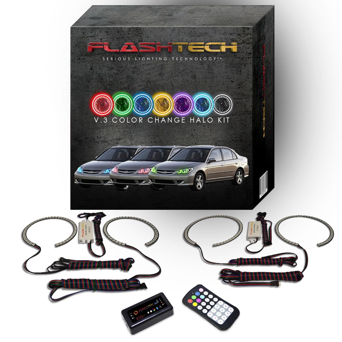 Flashtech LED RGB Multi-Color Halo Ring Headlight Kit with Bluetooth RF Remote & App Control for Honda Civic 2004-2005 - Upgrade Your Car Lighting for Night Driving & Custom Styling