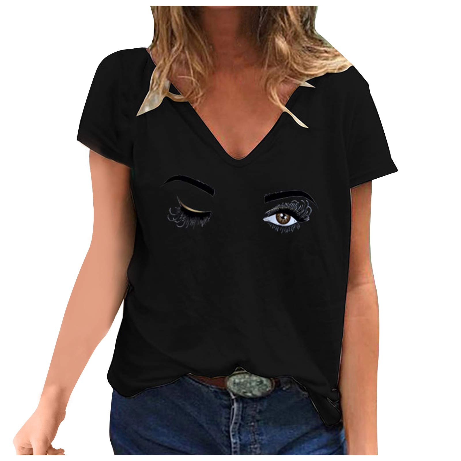 Stylish Black V-Neck Printed T-Shirts for Women - Fashionable Casual & Workout Short-Sleeve Tops | Perfect for Office, Gym, and Everyday Wear