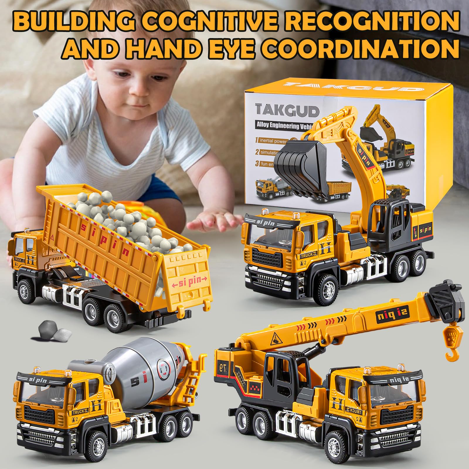 4 Pack Metal Construction Truck Toys Set - Mini Friction Powered Engineering Vehicles with Crane, Excavator, Cement Mixer & Dump Truck - Die-Cast Toy Trucks for Boys & Girls Ages 3-5 - Perfect for Pretend Play, Sandbox Fun & Early STEM Learning