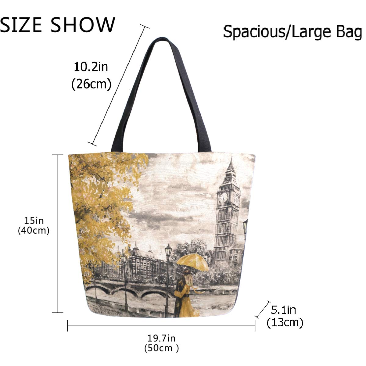 London Big Ben Painting Print Extra Large Canvas Tote Bag - Stylish Reusable Grocery Shopping Bag for Beach, Travel & Market Use - Portable Storage Handbag for Women & Men