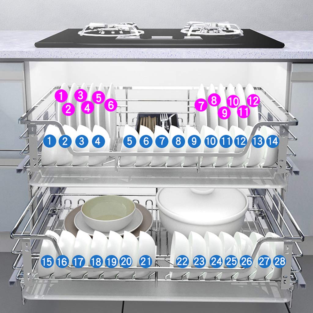 2-Tier Pull-Out Dish Rack Organizer - 2 Pack Stainless Steel Wire Basket for Kitchen Cabinet Storage | Space Saving Base Larder Unit | Perfect for Bowls, Plates & Utensils Organization in Small Kitchens
