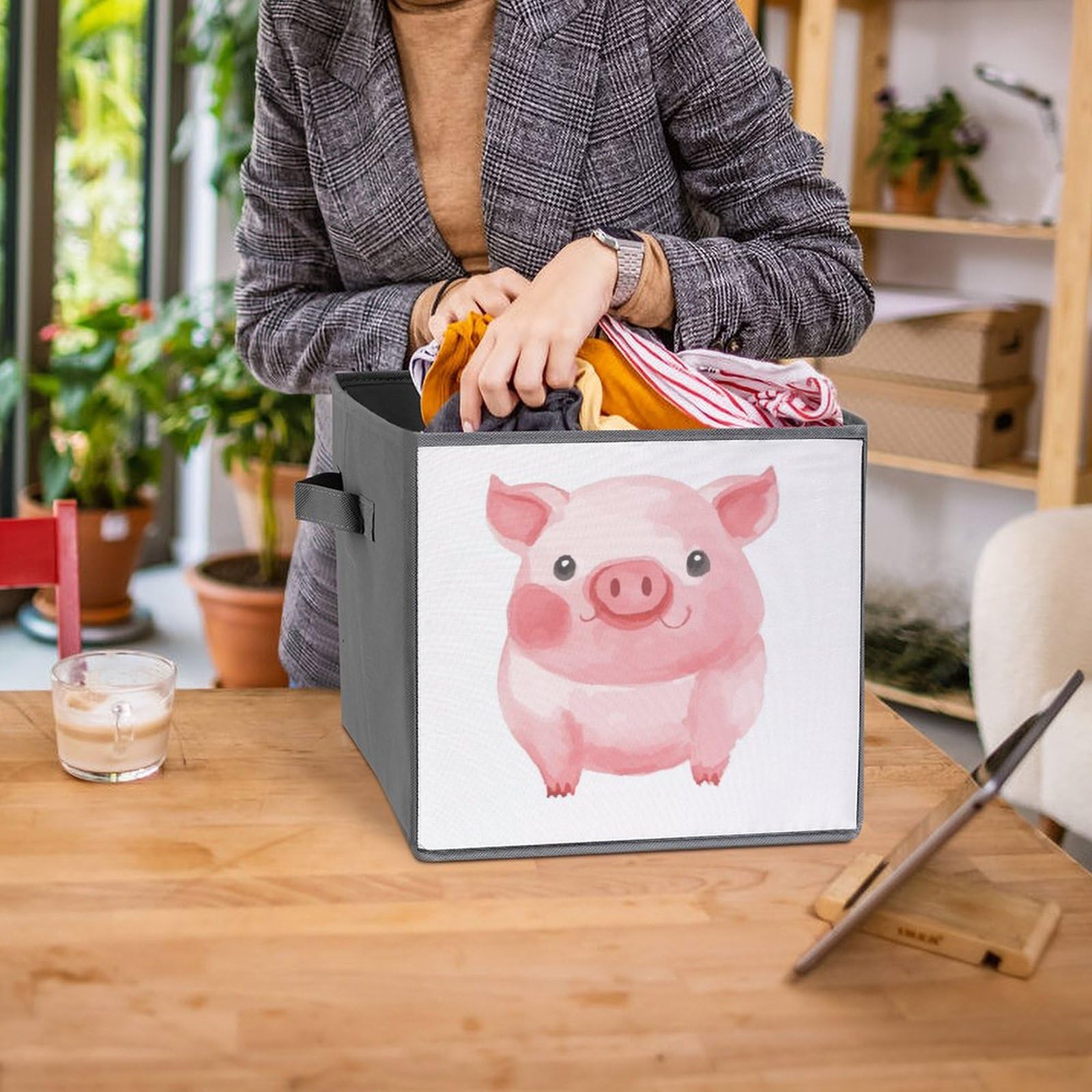 2PCS Foldable Storage Bins - Large Capacity Pink Pig Printed Storage Boxes with Handles for Playroom, Office & Home Organization | Perfect for Kids' Toys, Books & Clutter Control