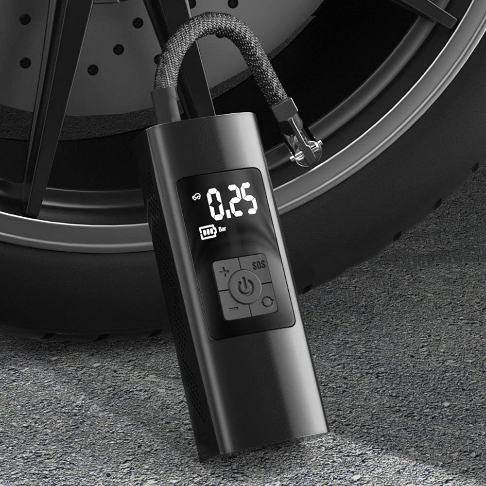 4 in 1 Portable Air Compressor - Mini Electric Pump for Car, Bike Tires & Inflatables | 150PSI Rechargeable Li-Ion Battery | Digital LCD Display & LED Emergency Light | Compact & Ergonomic Design - Perfect for Roadside Emergencies, Camping and Sports Equipment Inflation