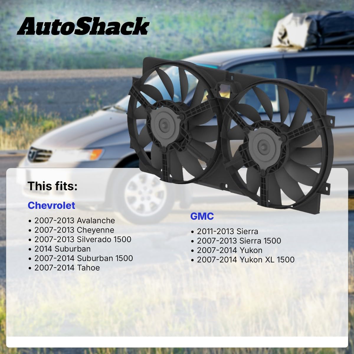 AutoShack Dual Cooling Fan Assembly Replacement for 2007-2013 Chevy Silverado 1500, Tahoe, Suburban, Avalanche & GMC Sierra 1500, Yukon XL 1500 V8 4WD/AWD/RWD - FA720655 - Perfect for Engine Cooling & Overheating Prevention