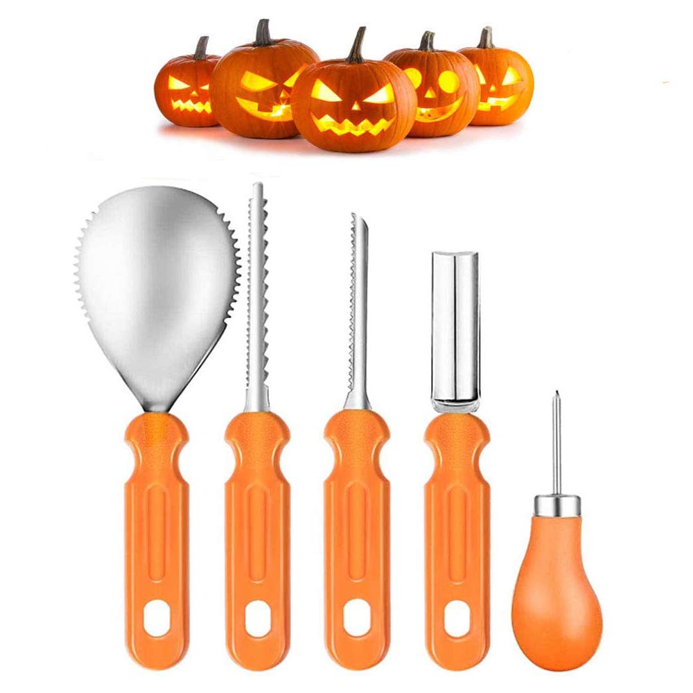 Halloween Pumpkin Carving Kit - 5 Piece Stainless Steel Pumpkin Carving Tools Set for Kids & Adults - Durable Pumpkin Carving Knives, Scoop & Stencils for Halloween Decorations & Pumpkin Carving Contests